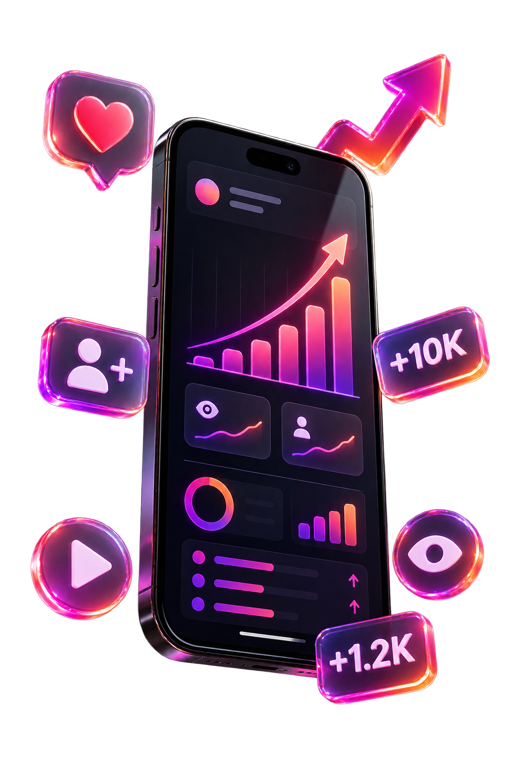 Celular com símbolos flutuantes de seguidores, curtidas e visualizações